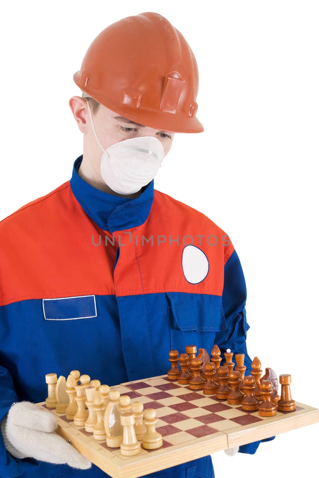 Labourer on the helmet and respertor with chess