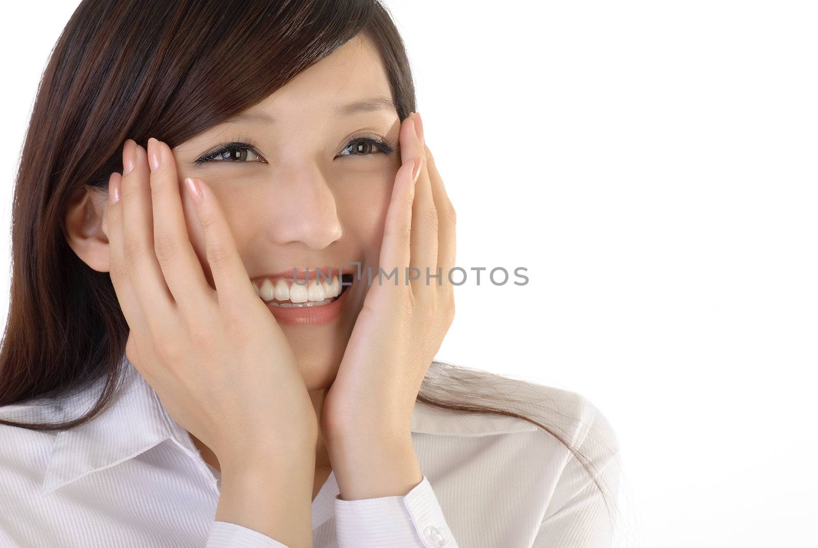 Cute business woman of Asian with hands on face, closeup portrait on white background.