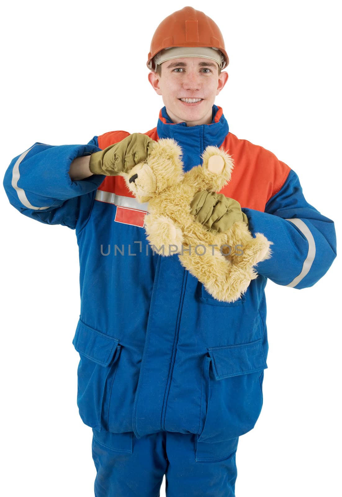 Labourer with bear on the helmet on white background