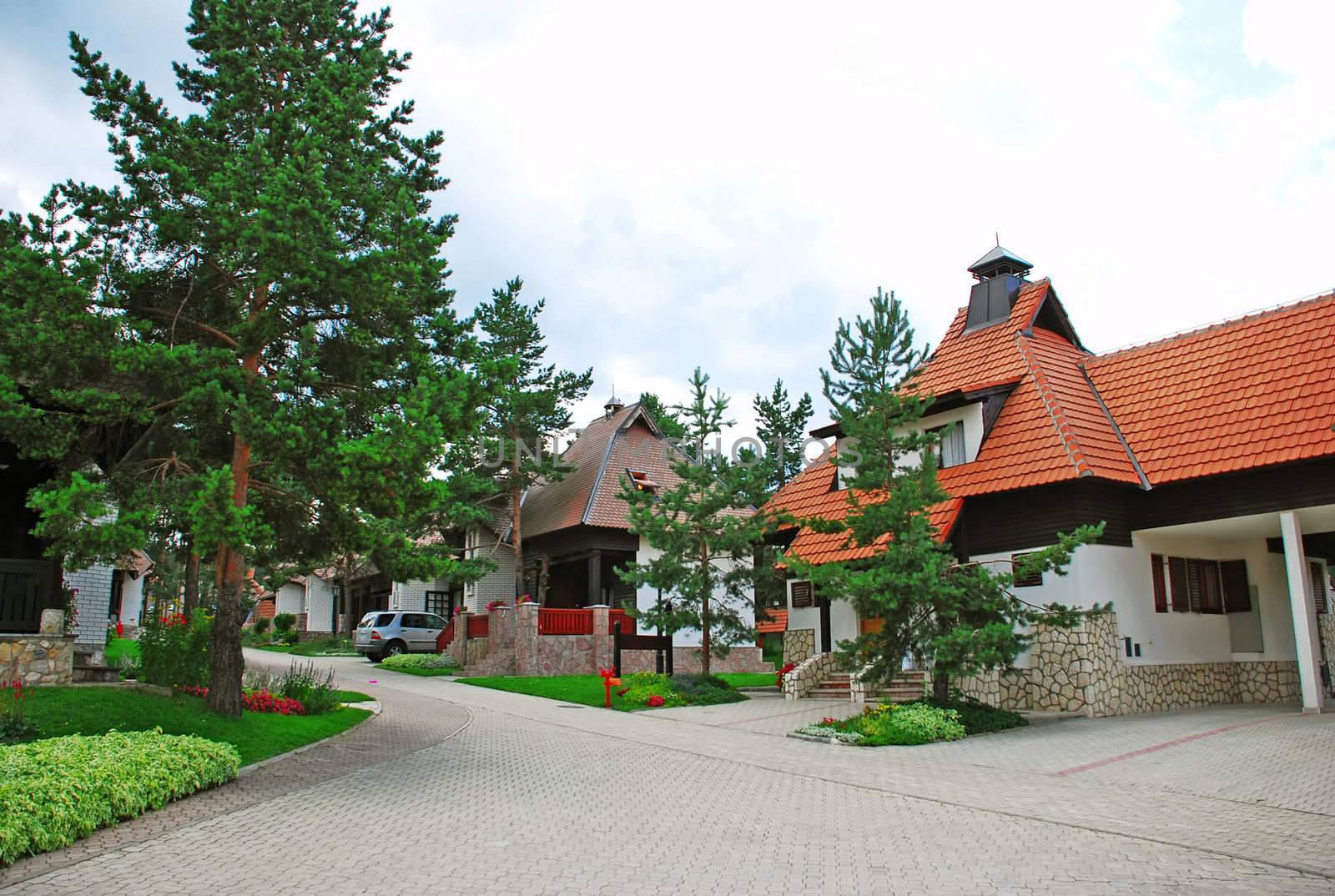 weekend houses with gardens and stone road in Serbia, Zlatibor
