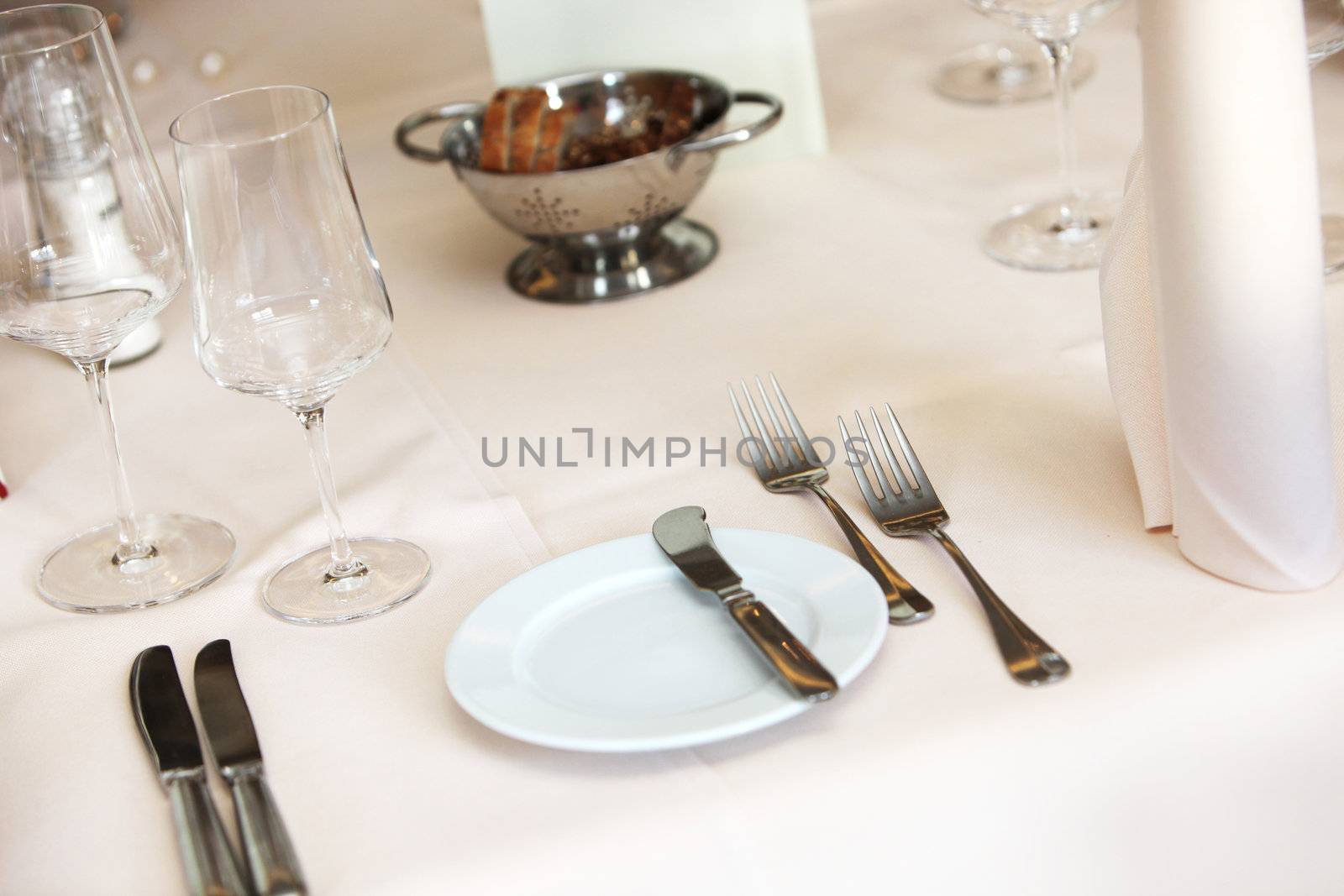 covered table in the restaurant with wine - and tumbler and plate appetizers