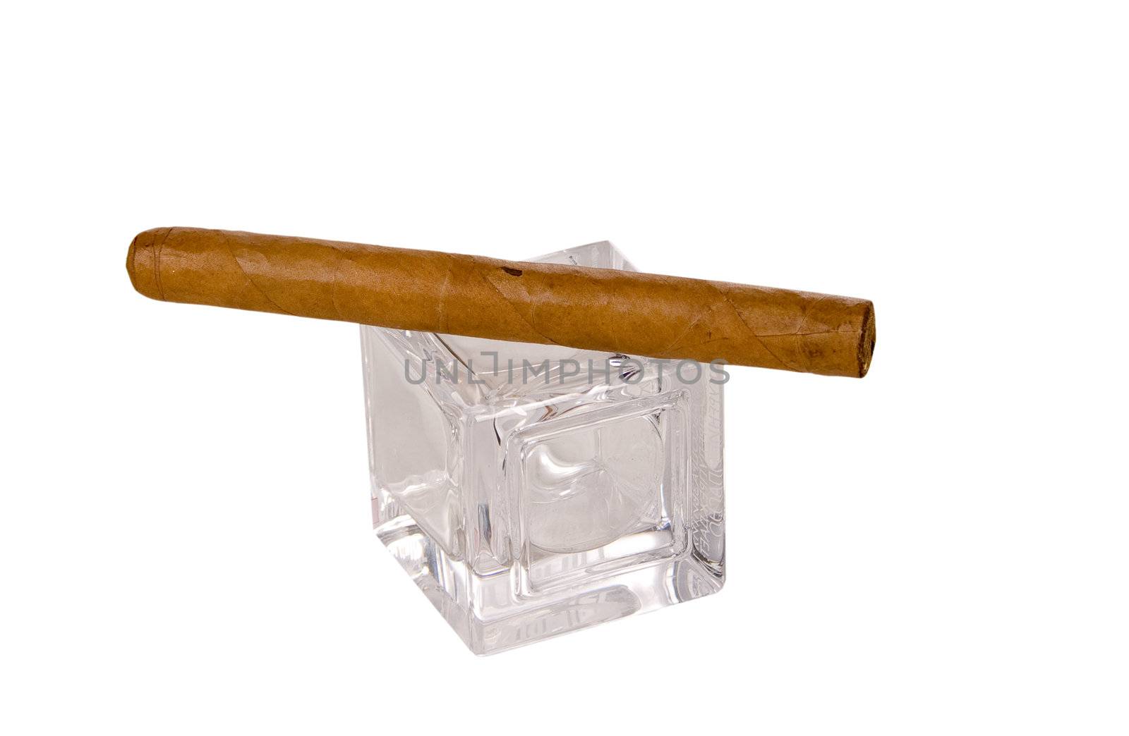 long brown havana cigar on glass cube