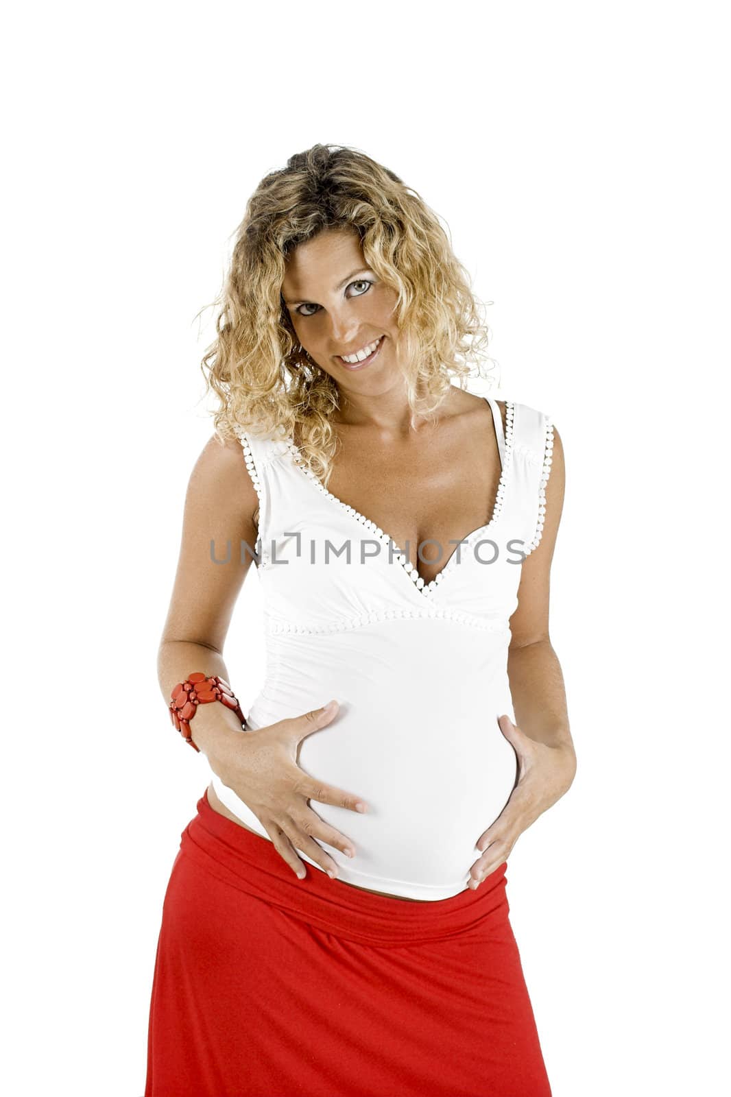 Beautiful pregnant woman, isolated on white background 

