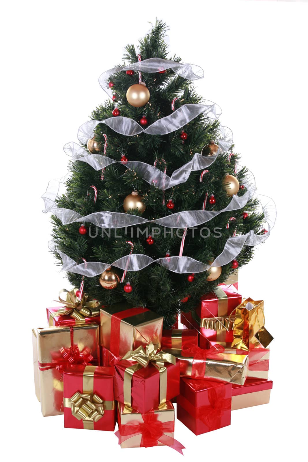 Christmas tree with presents isolated on white
