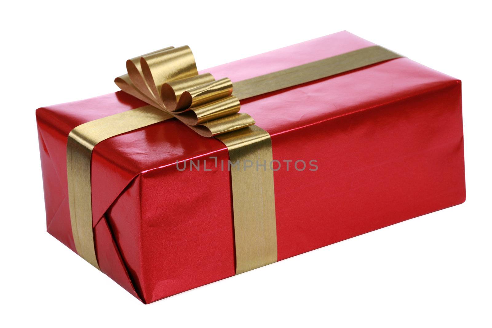 Red gift box with gold ribbons