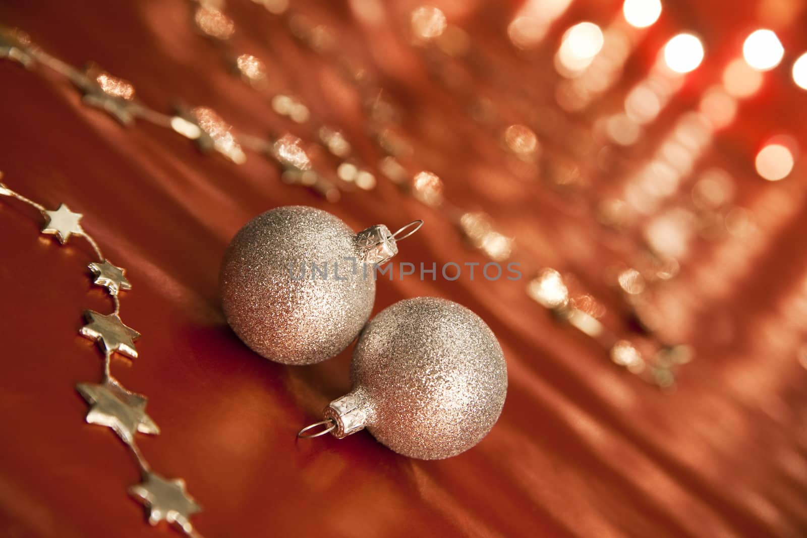 Christmas decoration with baubles. Shallow depth of field, focus on bauble, aRGB.