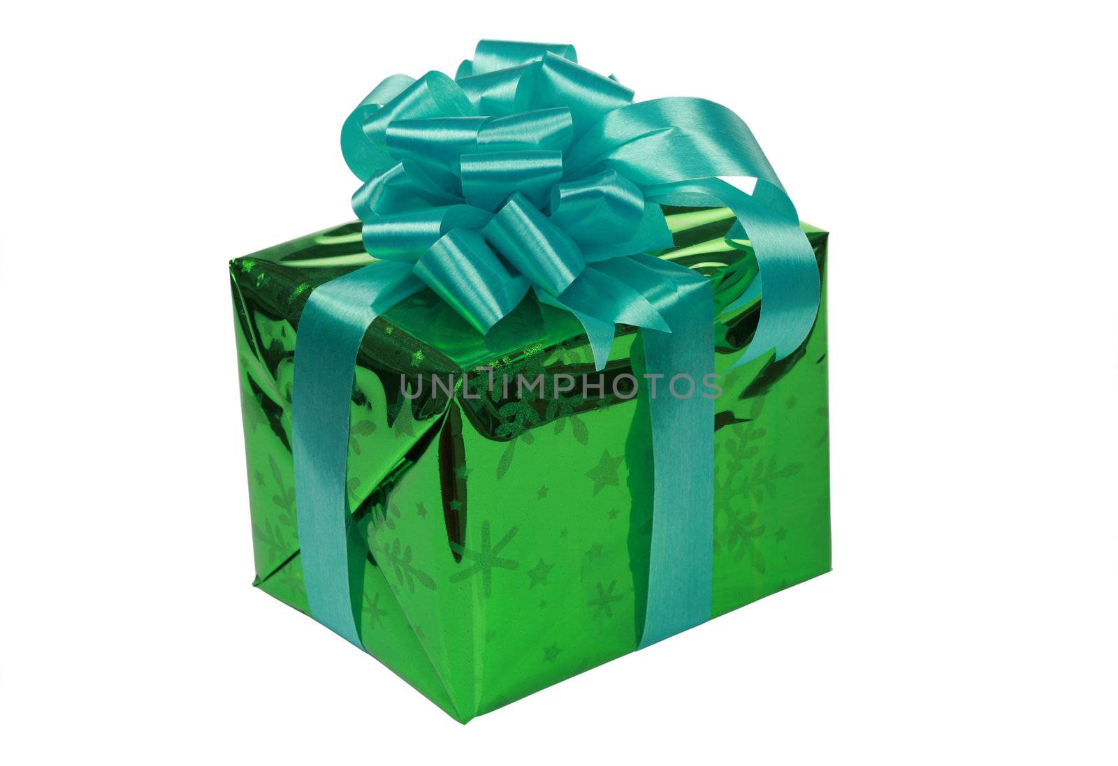 Green present with blue ribbons isolated on white