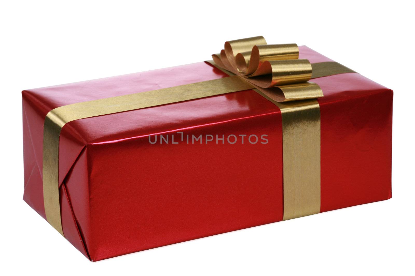 Red gift box with gold ribbons