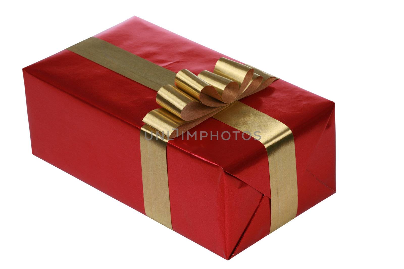 Red gift box with gold ribbons