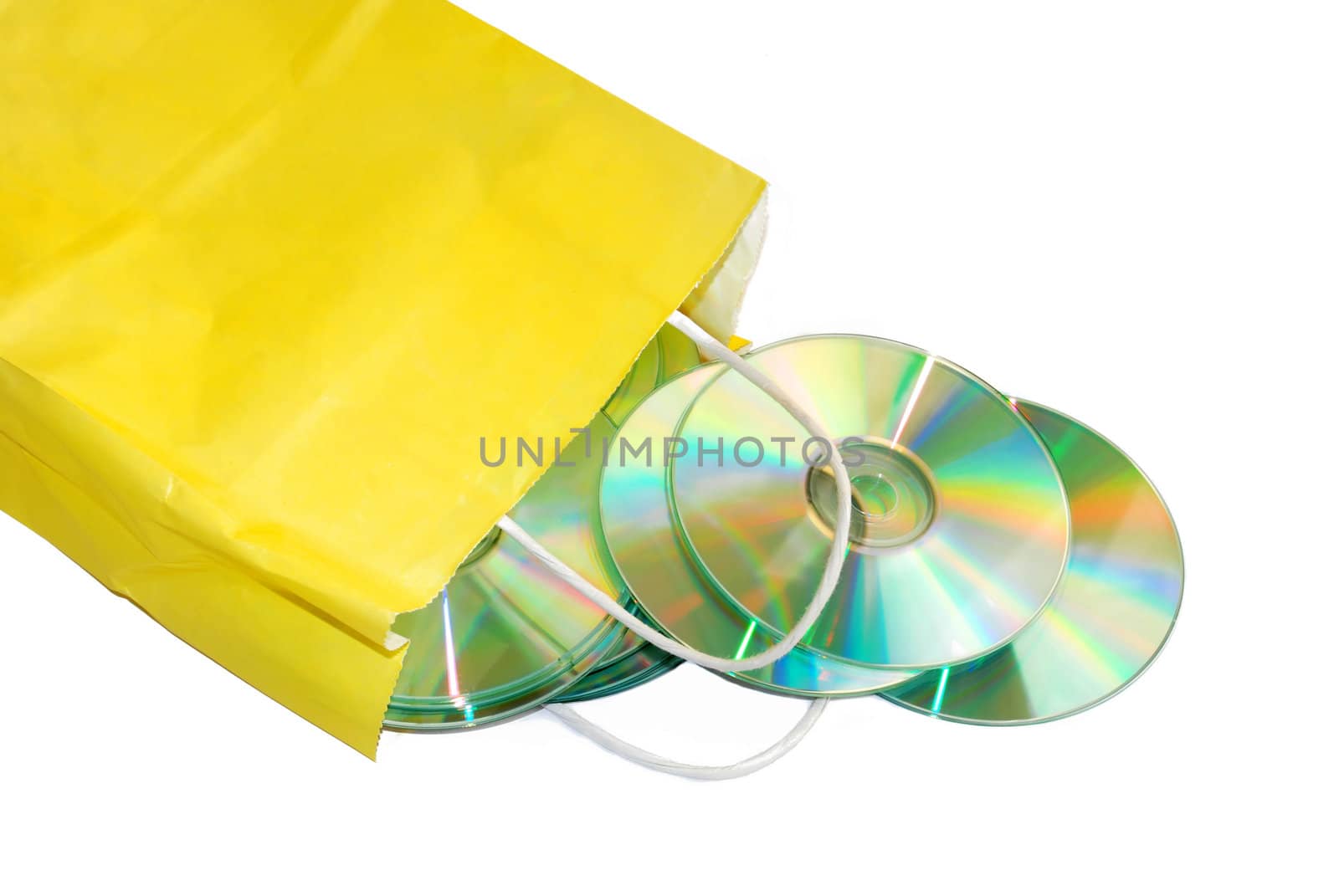yellow paper bag with CD isolated over white