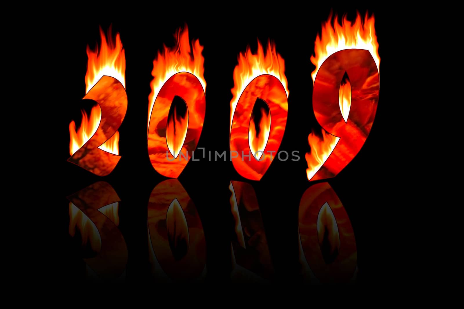 2009 new year numbers in fire reflected as 2010 on black background