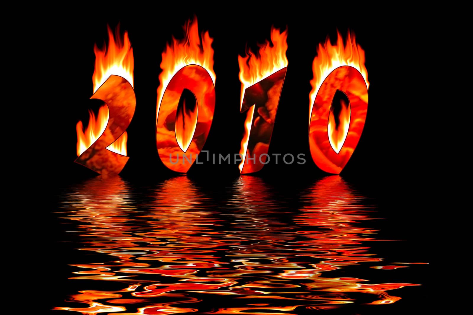 2010 new year numbers in fire reflected in water