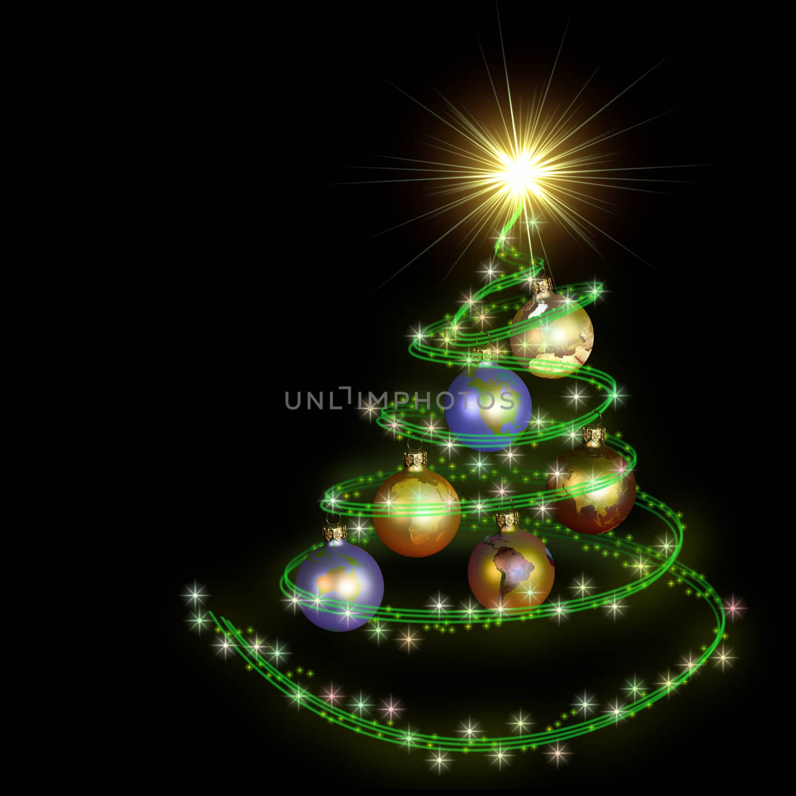 abstract christmas tree spiral with earth balls isolated on black