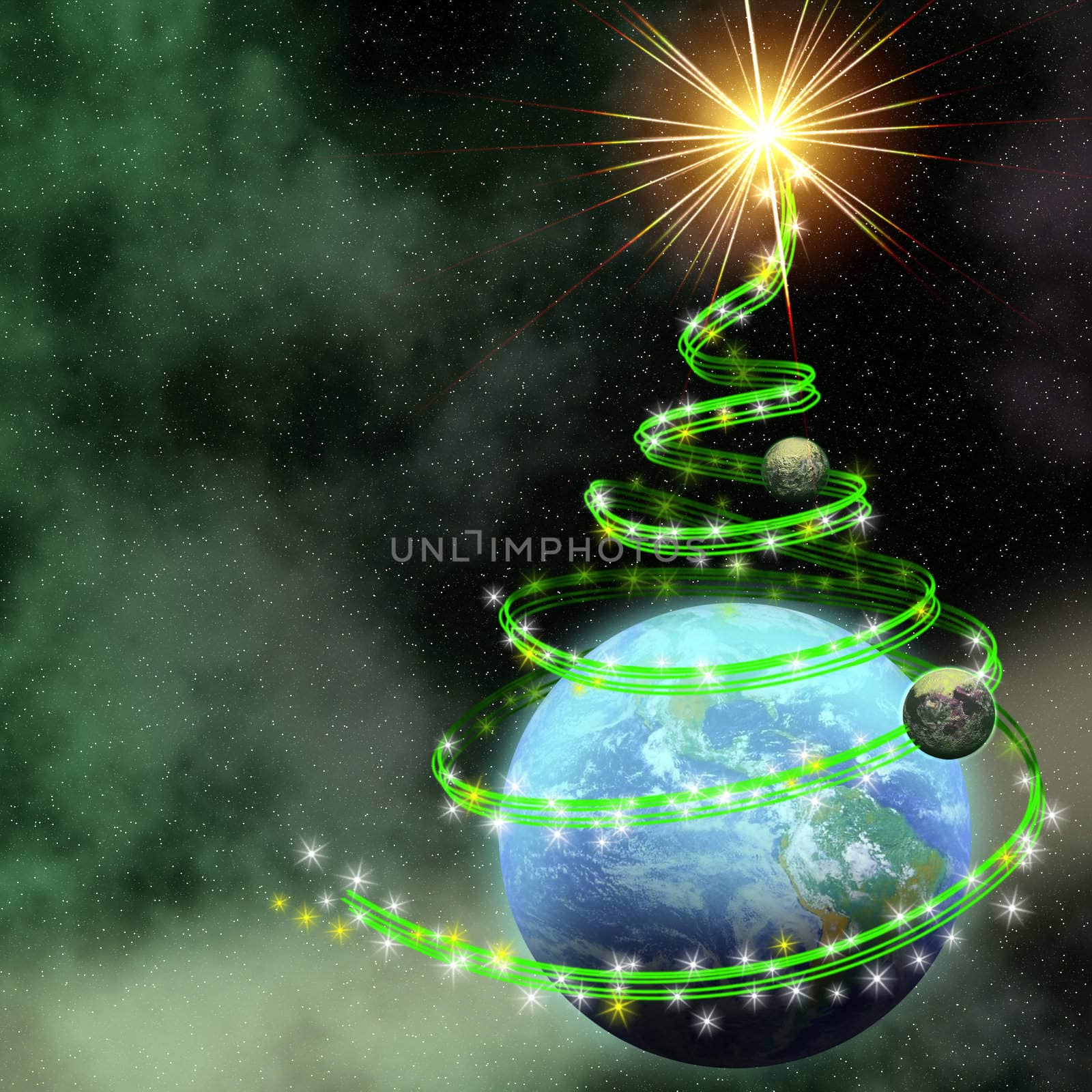 earth with abstract christmas tree spiral in open cosmos