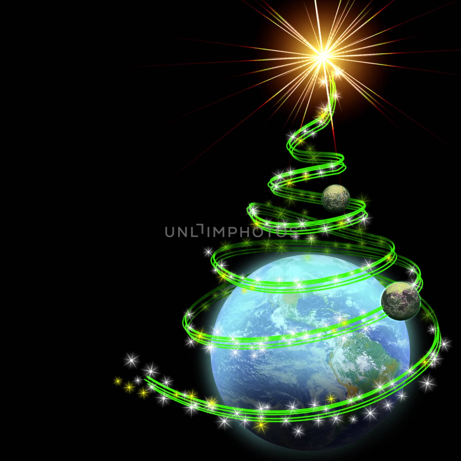 earth with abstract christmas tree spiral isolated on black