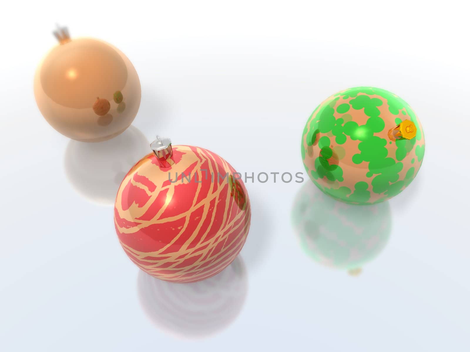 Various Christmas baubles on a reflective white background