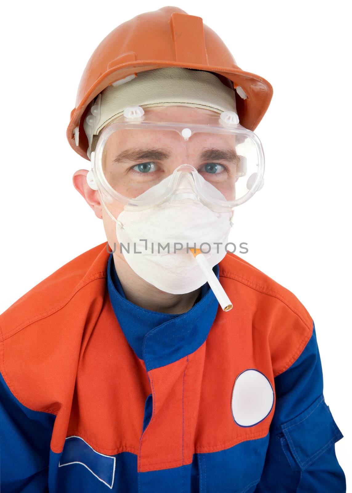 Laborer on the helmet with cigarette on a white background