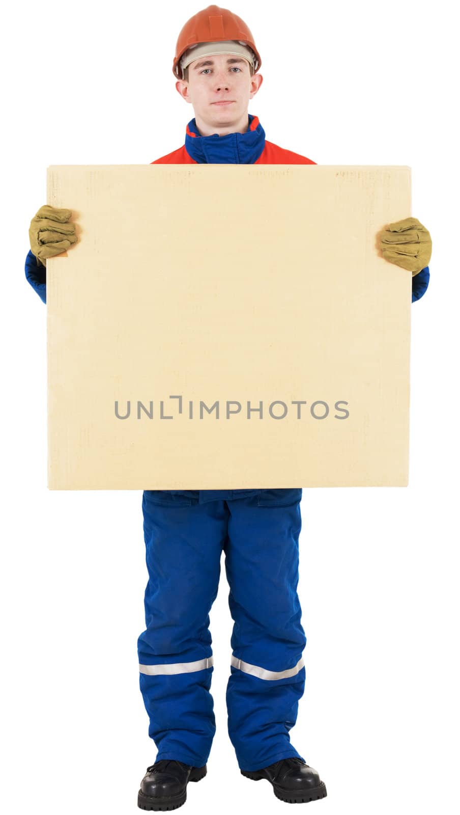 Laborer on the helmet with box on a white background