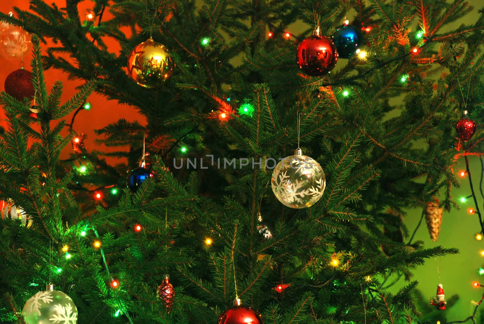 new year tree background with balls and lamps