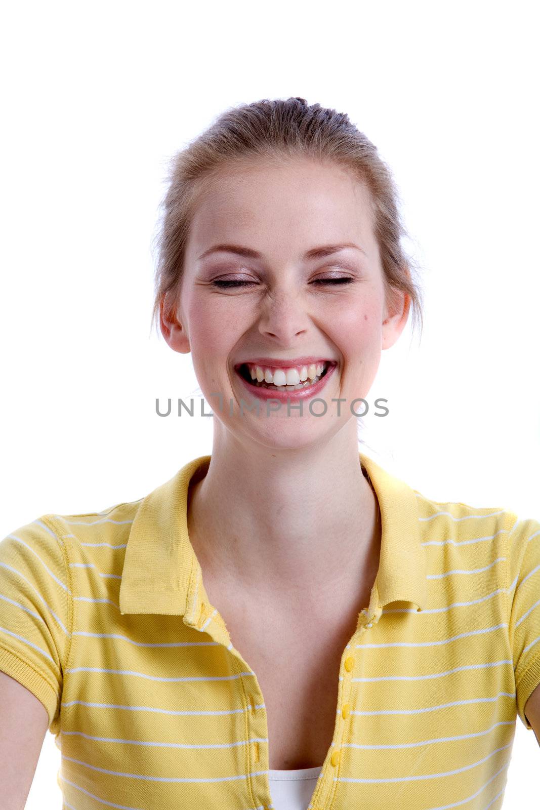 Pretty blond girl on white background laughing