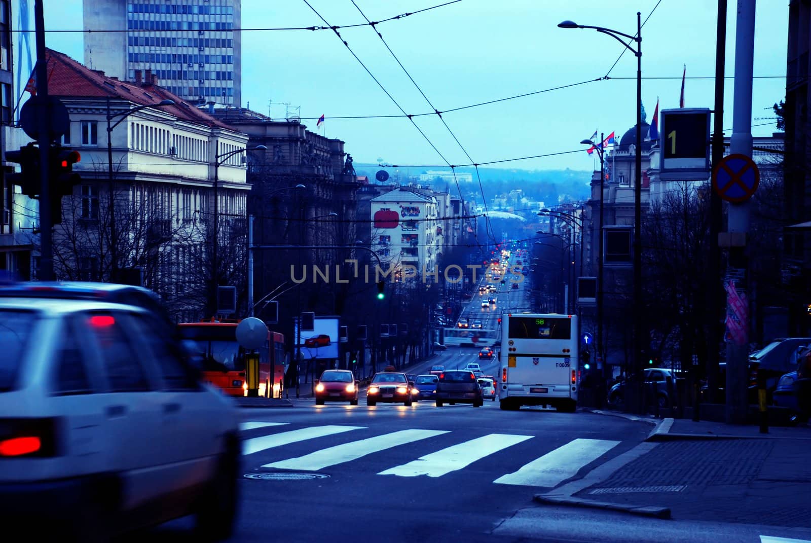 Urban landscape of evening street in Belgrade, Serbia