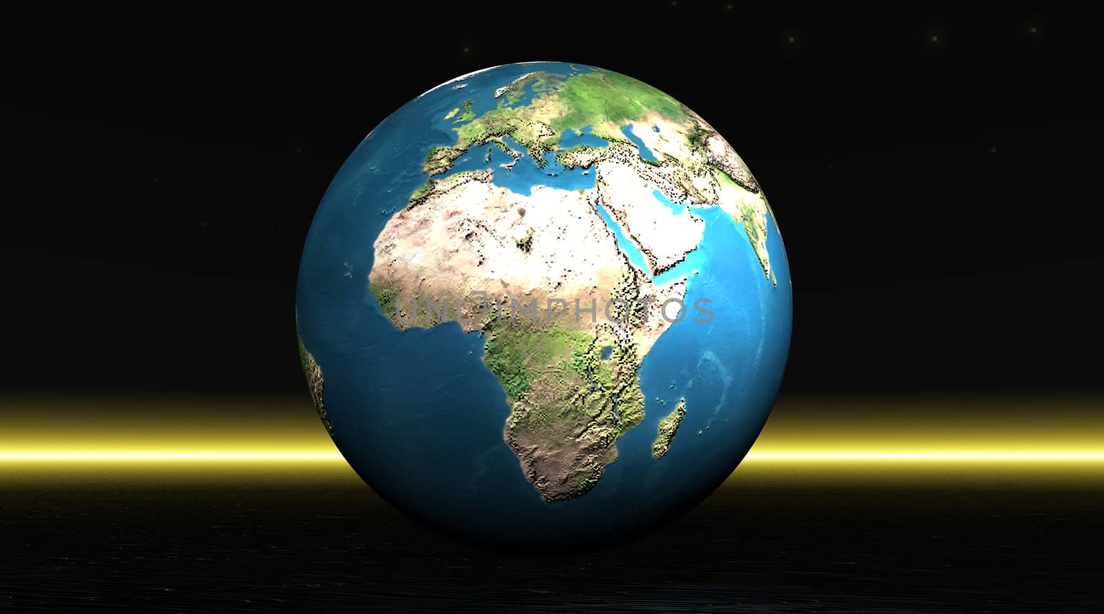 Earth planet with Africa and Europe continents in a black background with a yellow horizontal ray