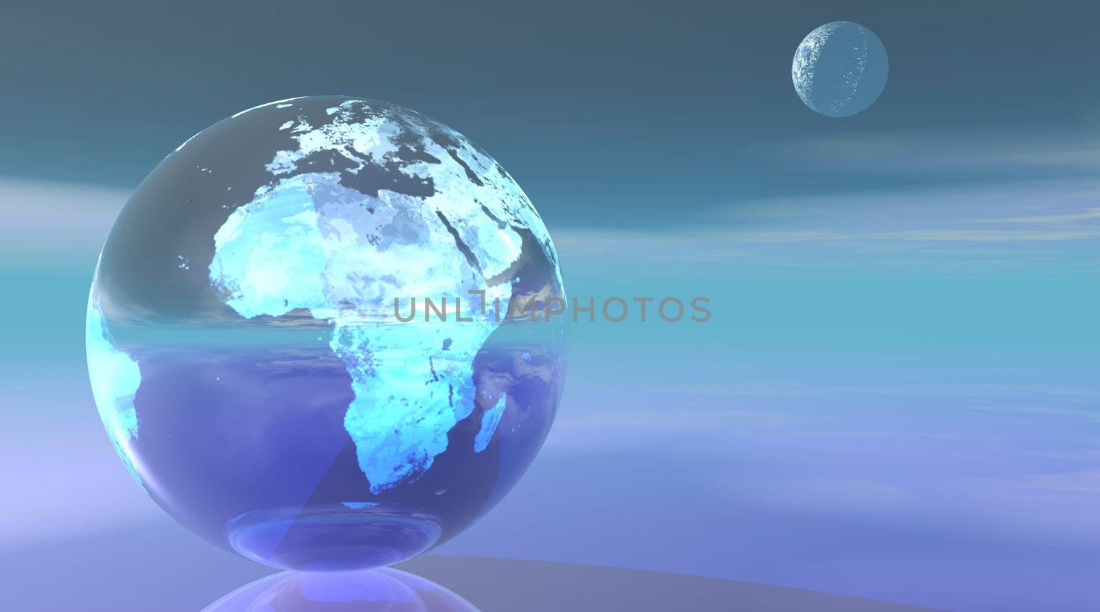 Earth planet with Europe and Africa continents and small moon in a beautiful blue surrounding