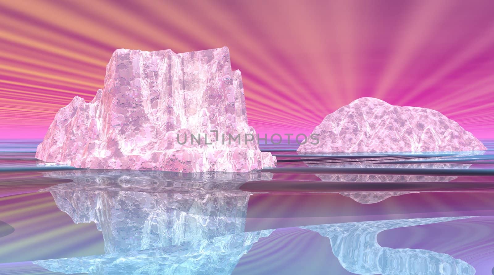 Two pink and whites icebergs with beautiful reflecting water and pink sky with rays