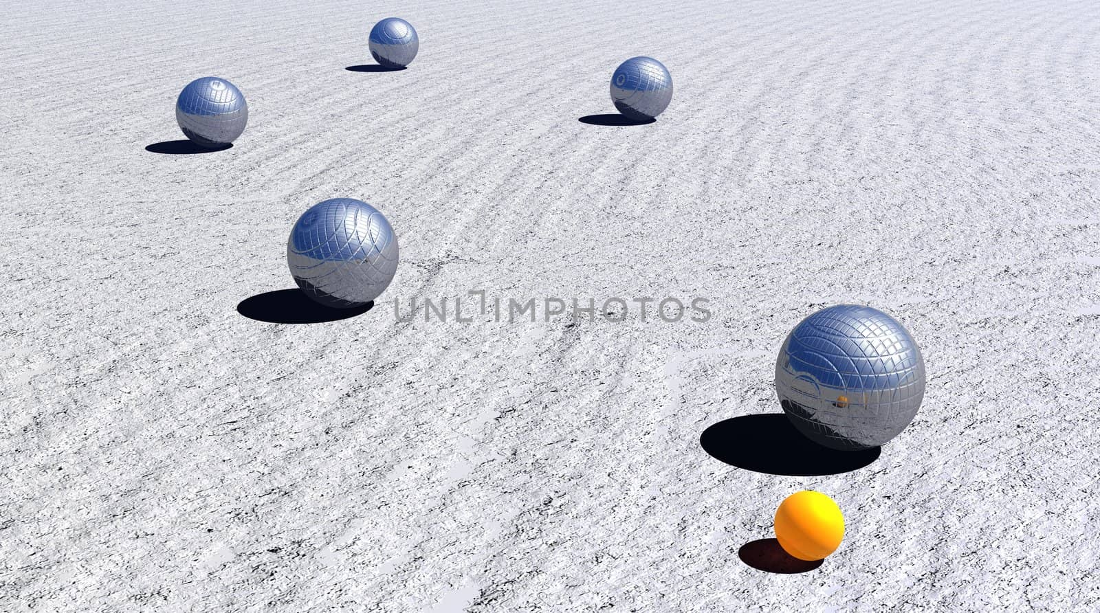 Five metallic petanque balls and the small yellow jack on the ground by day light