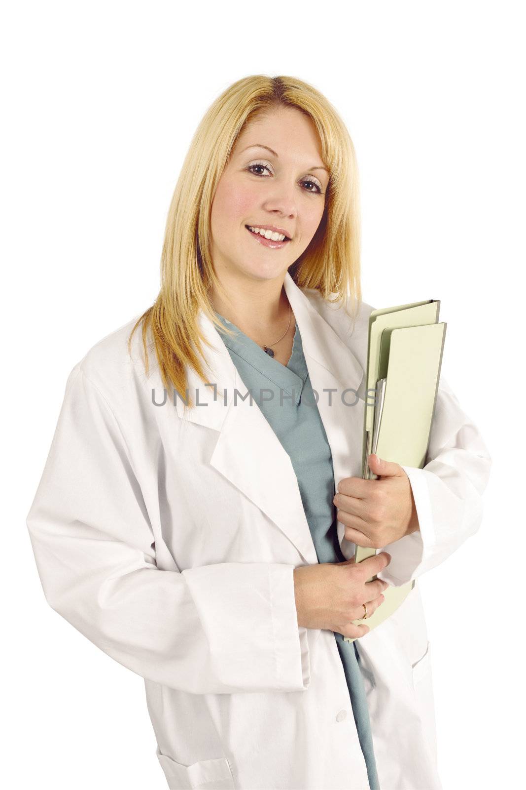 A beautiful young blond female doctor, dentist, nurse carrying medical files.
