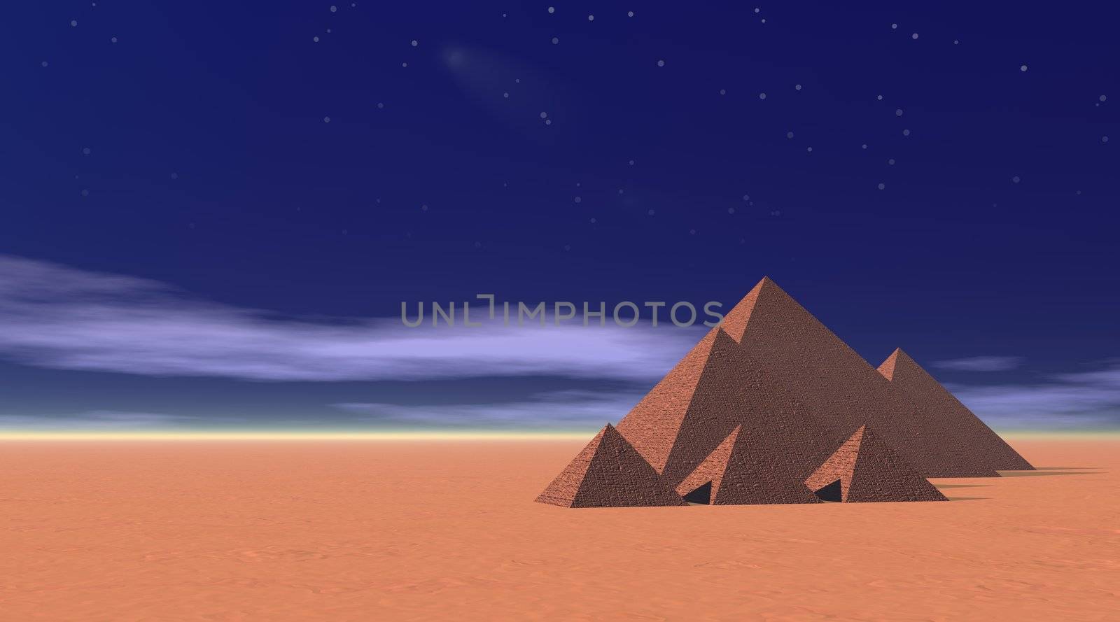 Three big and three small beautiful pyramids in the desert by sunset and blue night with fog and stars