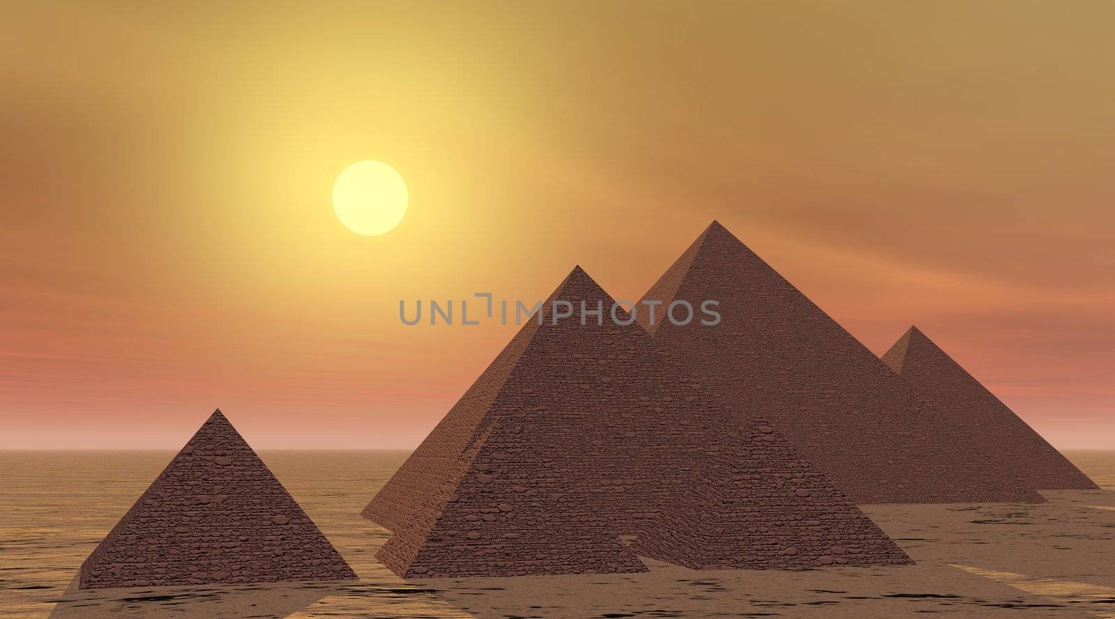 Three big and three small beautiful pyramids with their shadows in the desert by sunset and orange sky