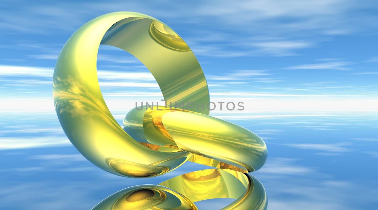Two gold wedding rings and blue cloudy background