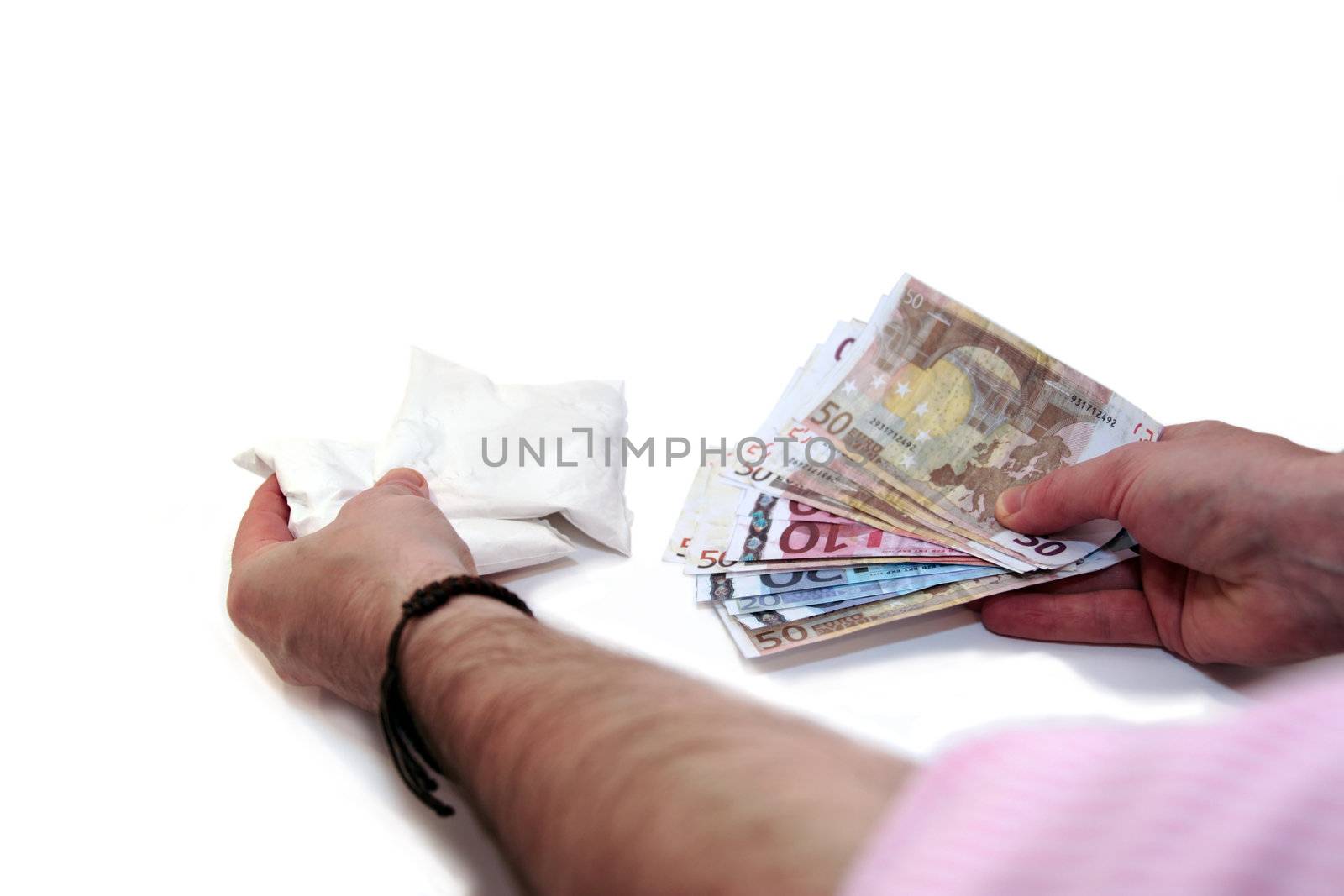 concept of a drug deal going down against a white background