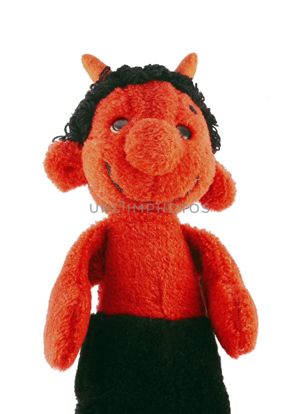 Detail of the hand puppet - red furry little devil - old scratch