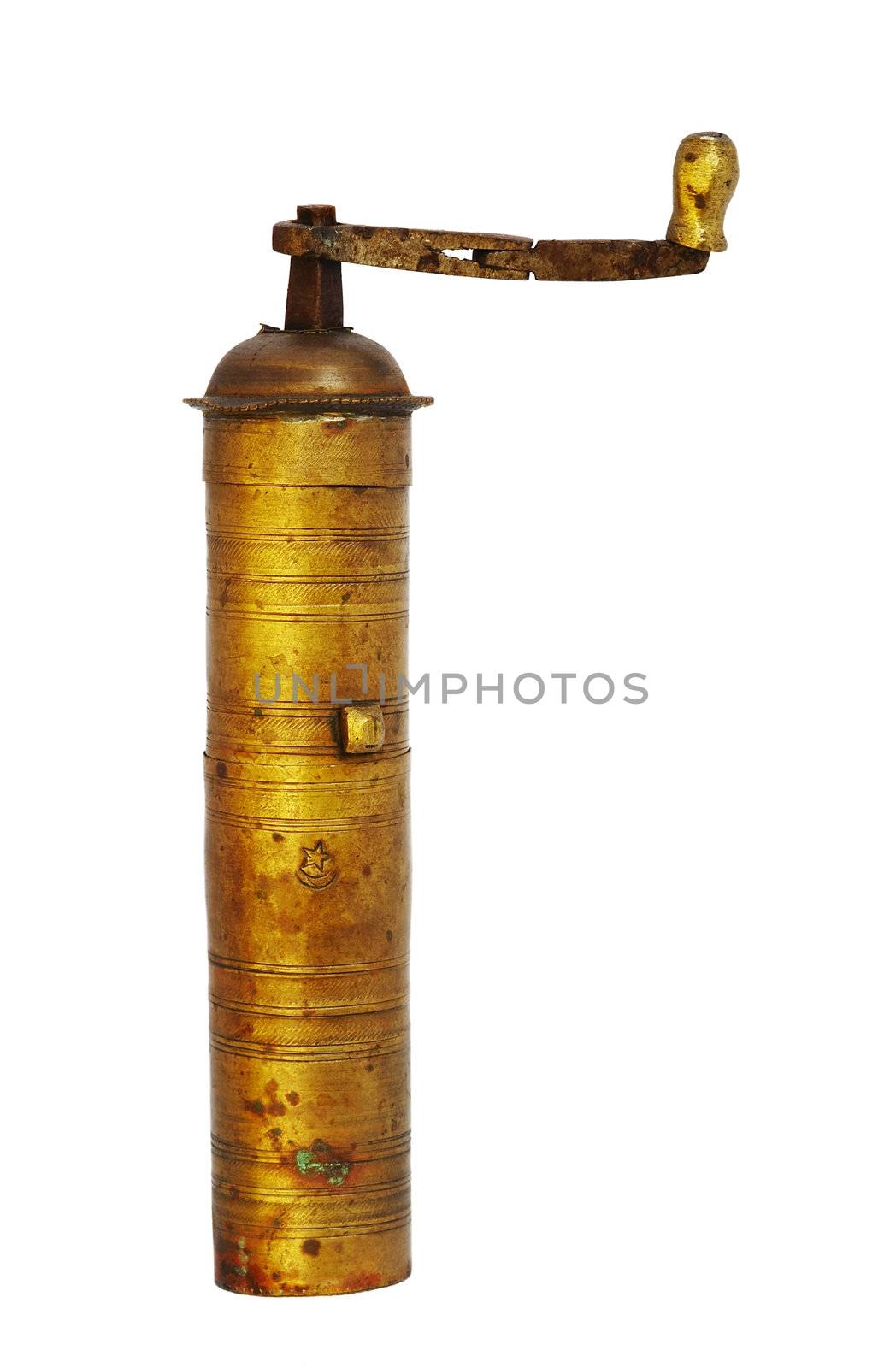 Detail of the antique coffee grinder over white background