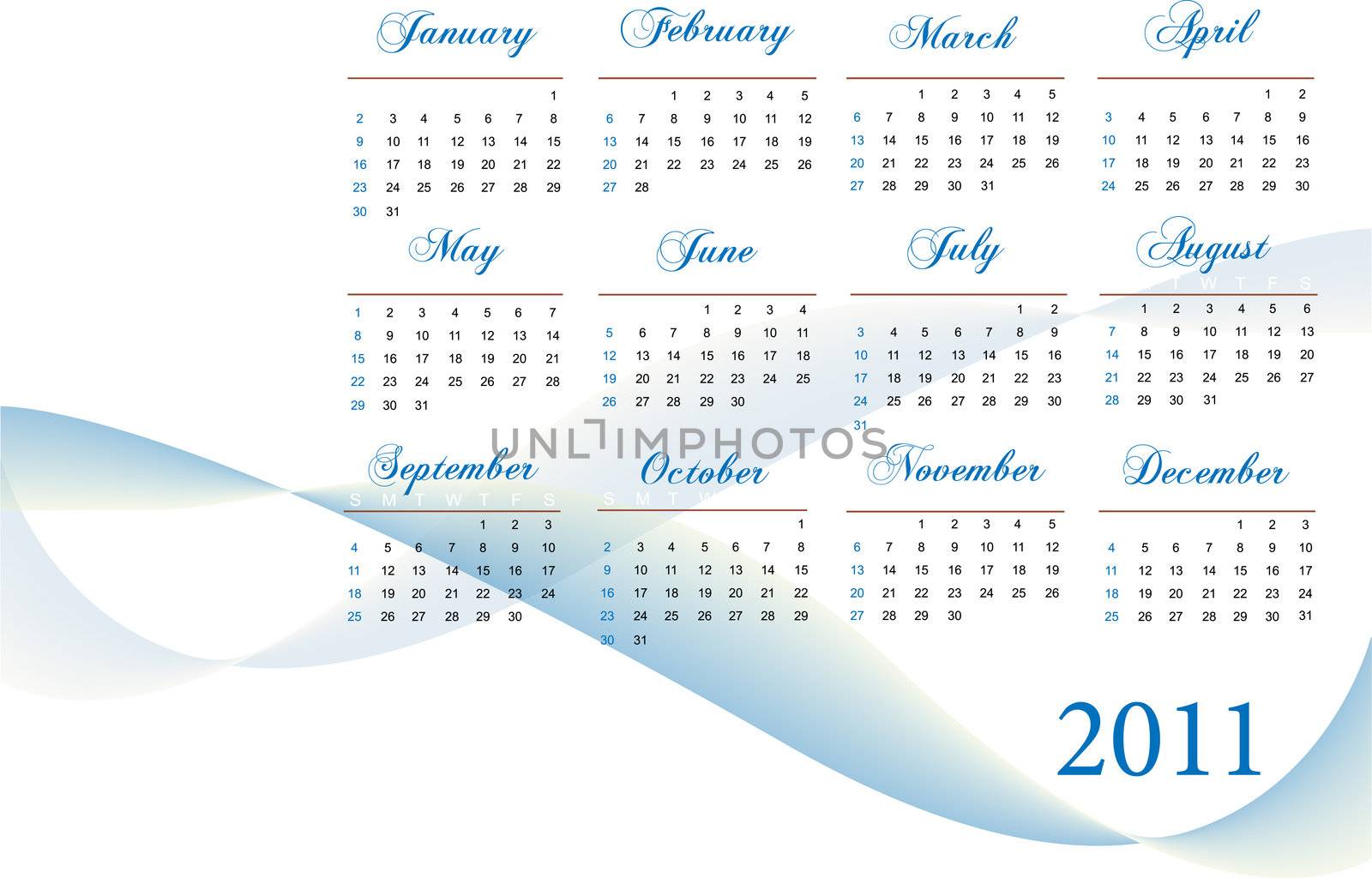 Image of a blue and white themed 2011 calendar.