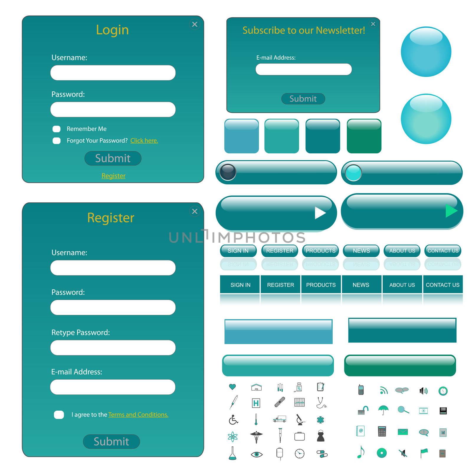 Web template with forms, bars, buttons and many icons.