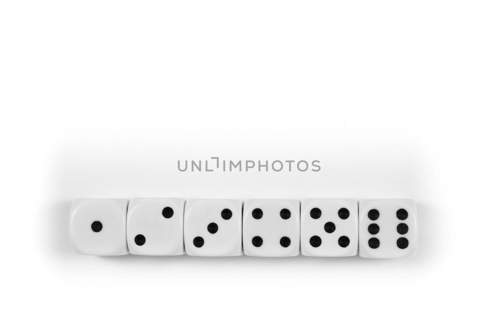one to six faces in a white dice row
