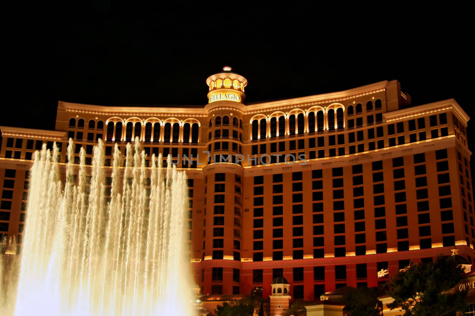 The Bellagio hotel and casino at night located on the Las Vegas strip