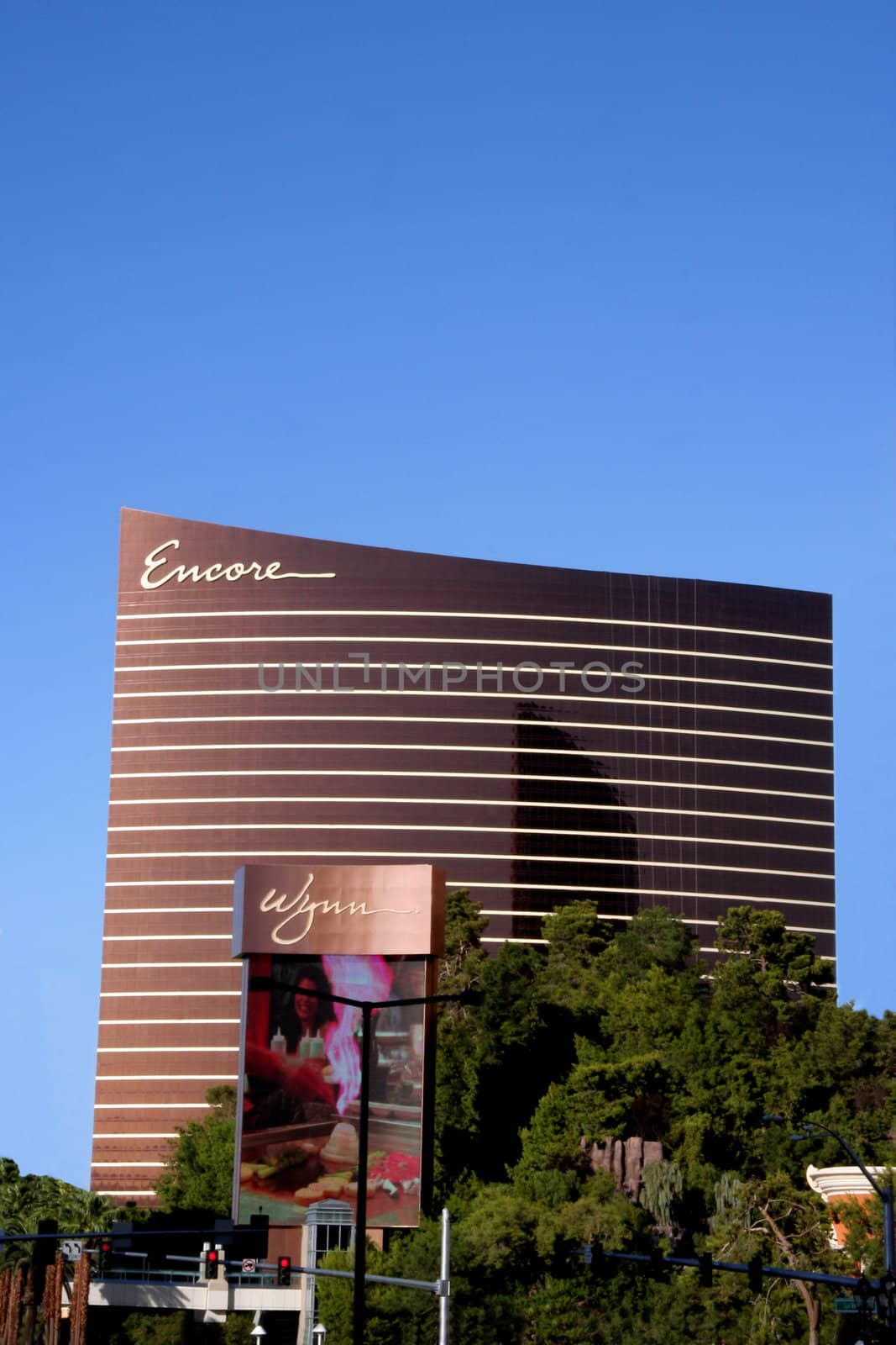 A exterior shot of the Encore casino and hotel in Las Vegas