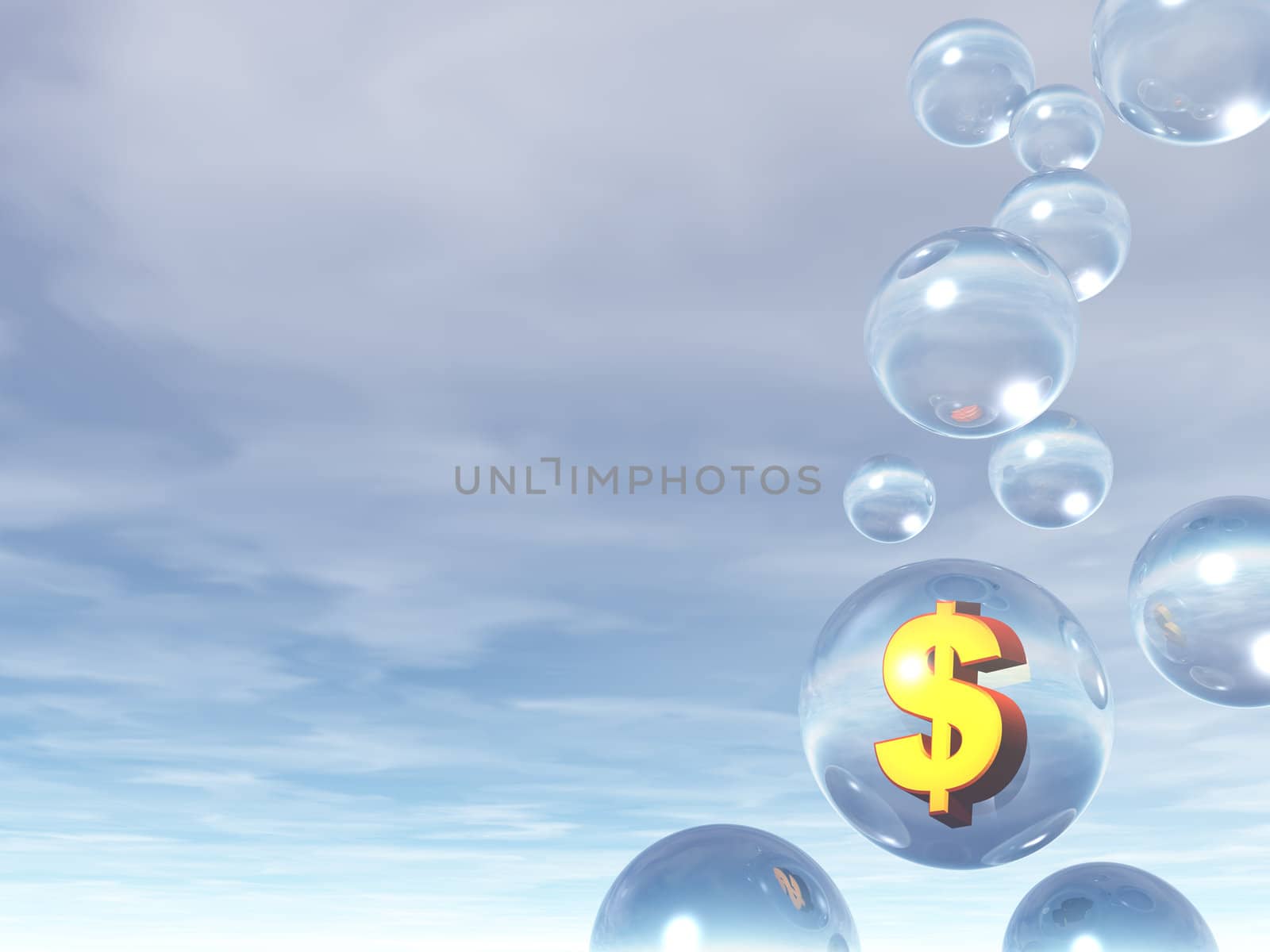 bubles and golden dollar sign - 3d illustration