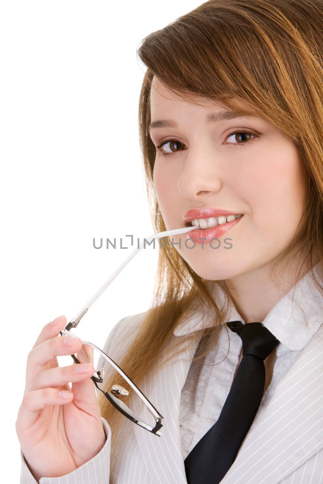 Business woman holding glasses on isolated white
