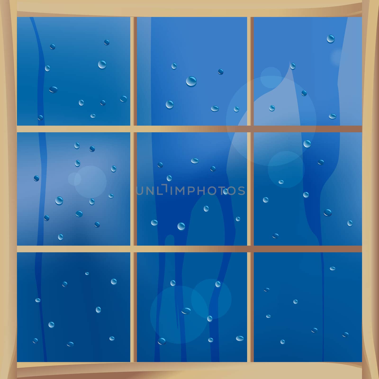 Wooden window with rainy background and water drops