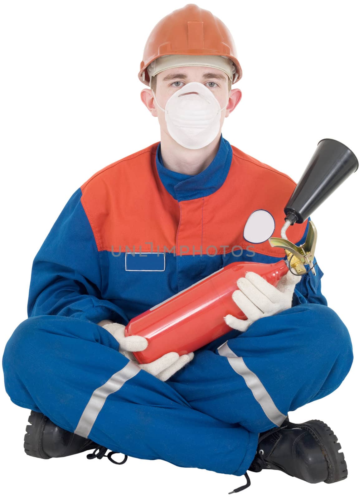 Man in overalls and fire-extinguisher on white background
