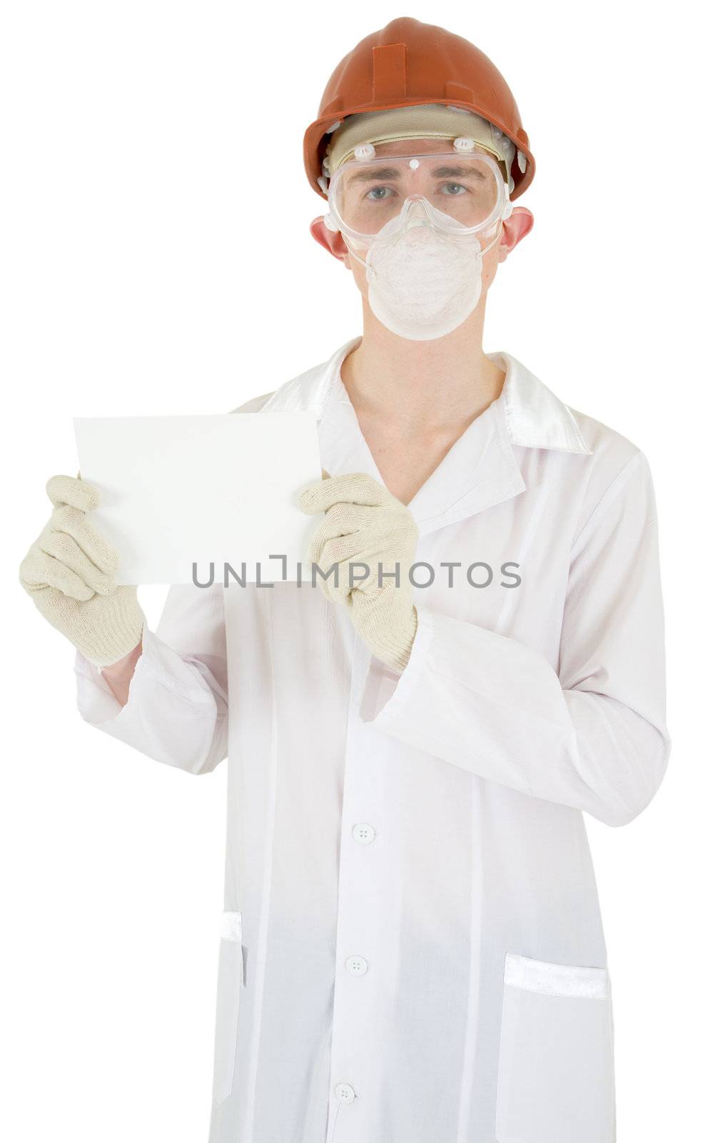 Scientist on the helmet with poster on a white background