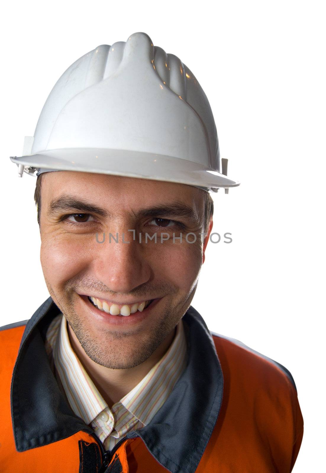 Happy miner isolated on white wide angle lens stock photo