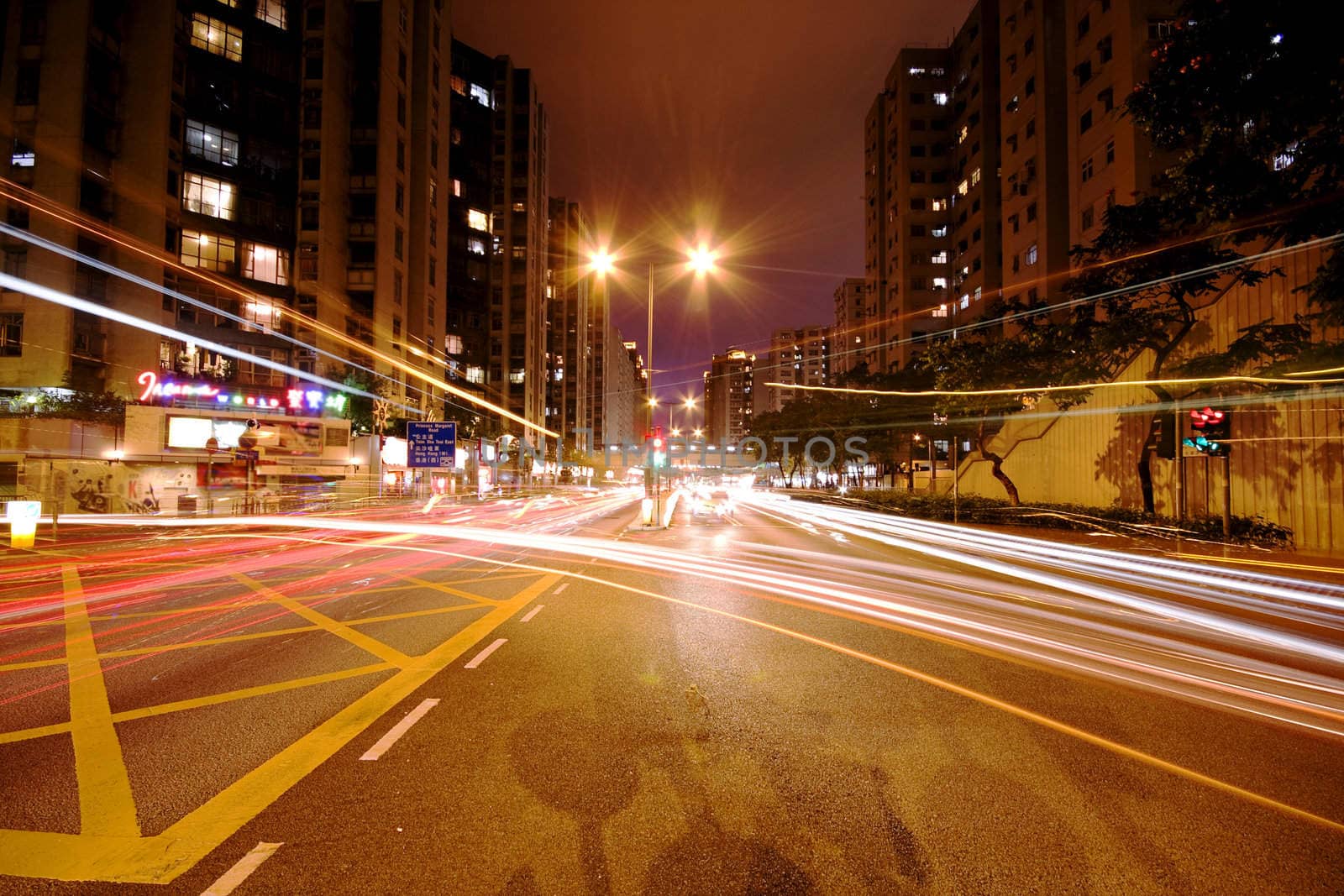 Modern Urban City with Freeway Traffic at Night, hong kong