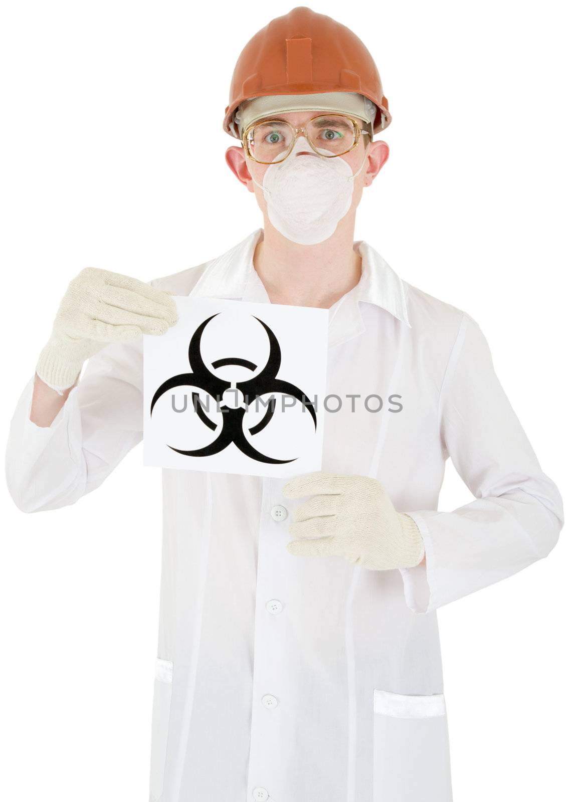 Scientist and sign biohazard on the white background