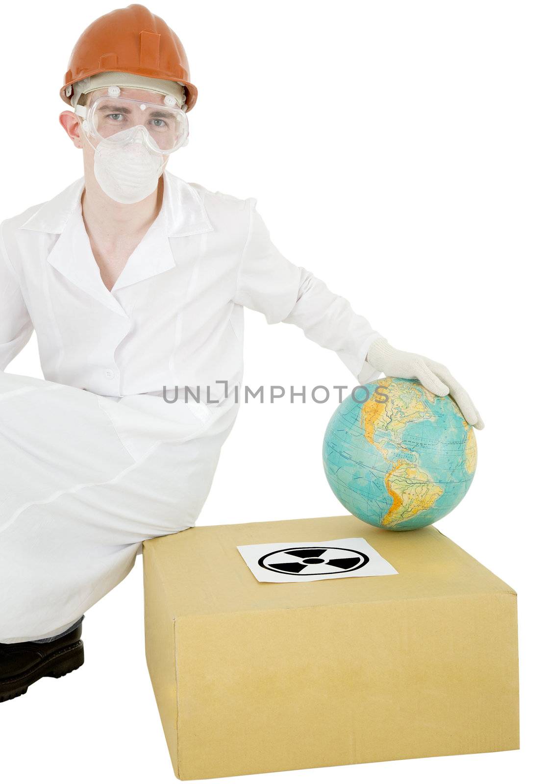 Scientist and terrestrial globe and sign radiation